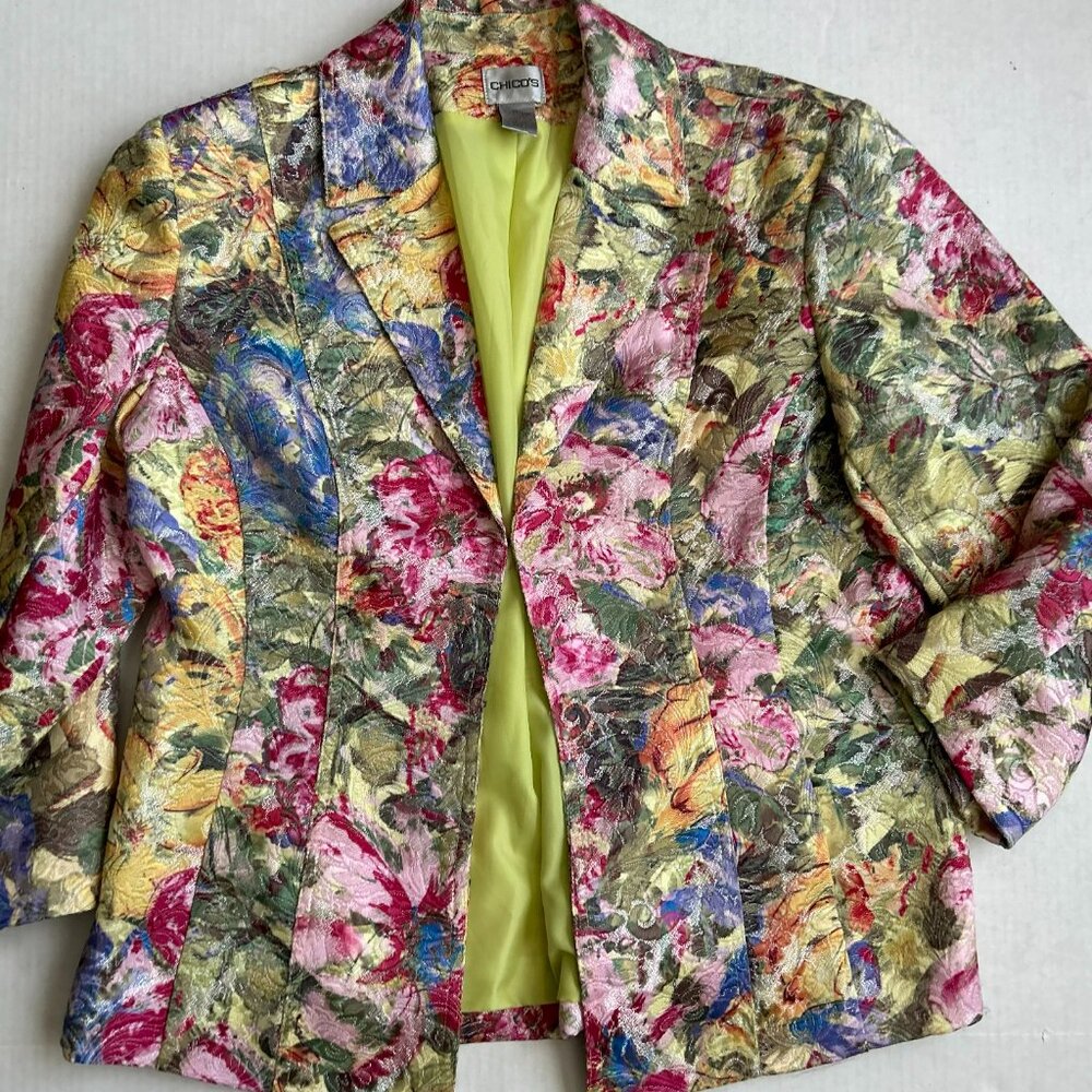 Chico’s Floral Soft Tapestry Spring Pastel Watercolor Blazer Size 1 Jacket